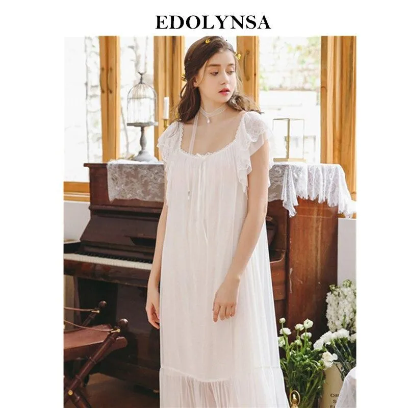 2019 Elegant Summer Sleepwear Women Home Wear Retro Nightgown Vintage U-Neck Butterfly Sleeve Cotton Lining Night Dress H846