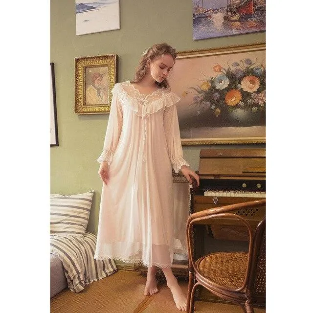 2019 Victorian Lace Ruffed Summer Sleepwear Elegant Vintage Women Night Wear Home Dress Princess Nightgown Cotton Lining T488