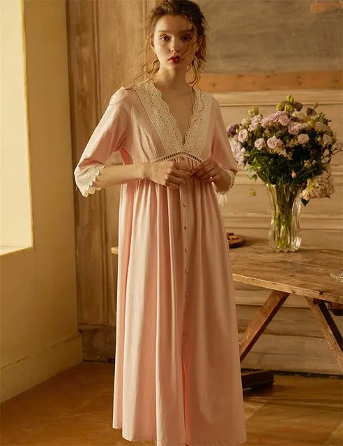 2019 Vintage Nightgown Elegant Lace Patchwork V-Neck Button Front Summer Women Home Wear Night Dress White Cotton Sleepwear T490