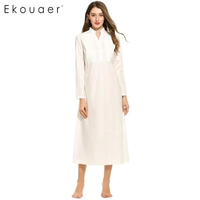 Ekouaer Vintage Long Nightgown Womens 100% Cotton Nightdress V-NeckLong Sleeve Pleated Sleep Wear Soft Night Dress