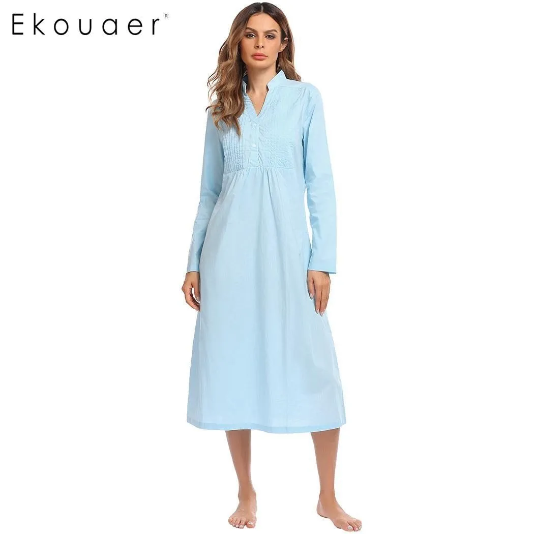 Ekouaer Vintage Long Nightgown Womens 100% Cotton Nightdress V-NeckLong Sleeve Pleated Sleep Wear Soft Night Dress