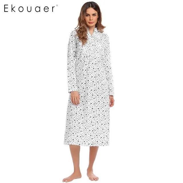 Ekouaer Vintage Long Nightgown Womens 100% Cotton Nightdress V-NeckLong Sleeve Pleated Sleep Wear Soft Night Dress