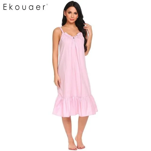 Ekouaer Vintage Nightgown Cotton Night Dress Women Solid V-Neck Spaghetti Strap Ruffles Sleep Dress Sleepshirts Long Nightdress