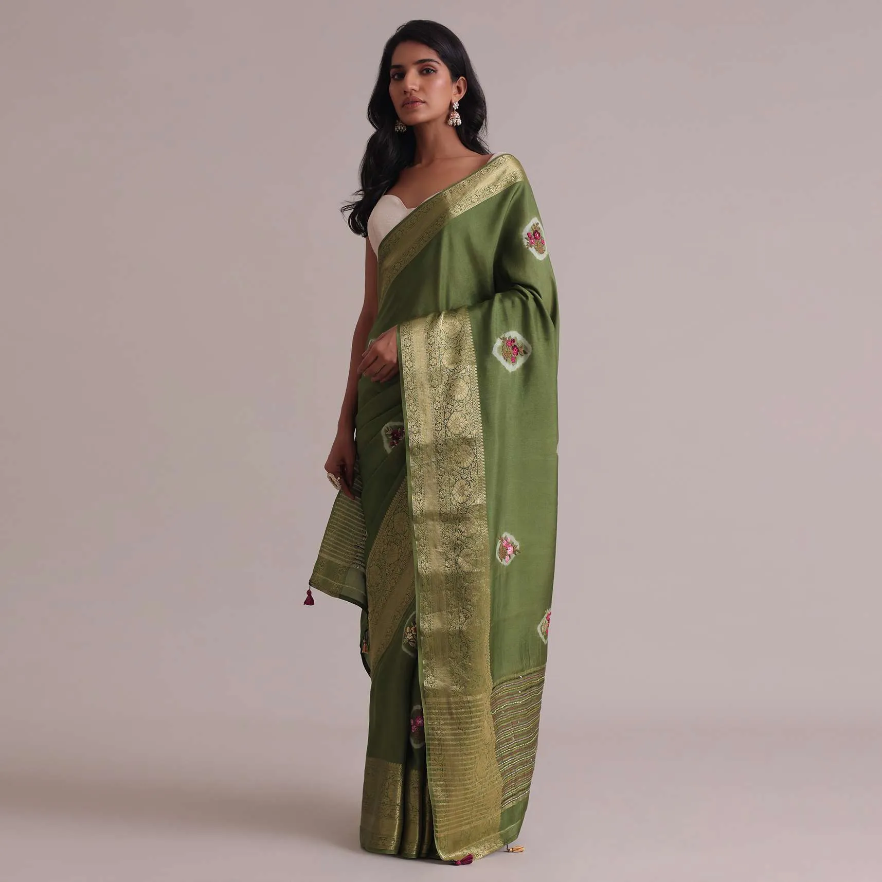Light Green Resham 3D Bud Embroidered Saree With Brocade And Thread Work In Dola Crepe