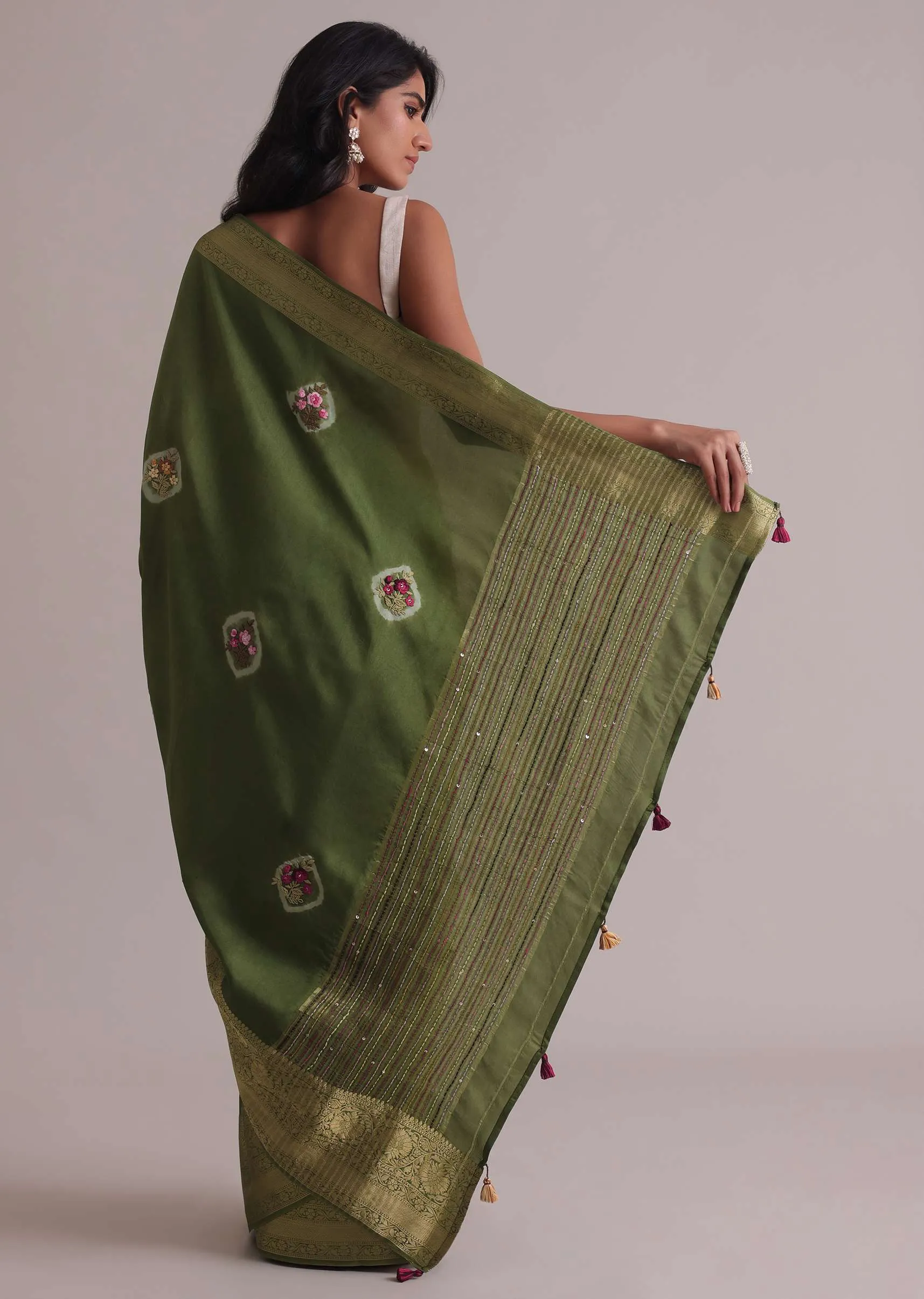 Light Green Resham 3D Bud Embroidered Saree With Brocade And Thread Work In Dola Crepe