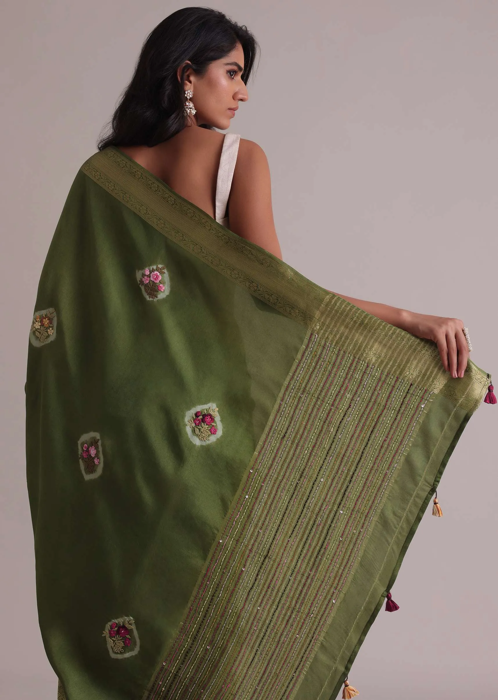 Light Green Resham 3D Bud Embroidered Saree With Brocade And Thread Work In Dola Crepe