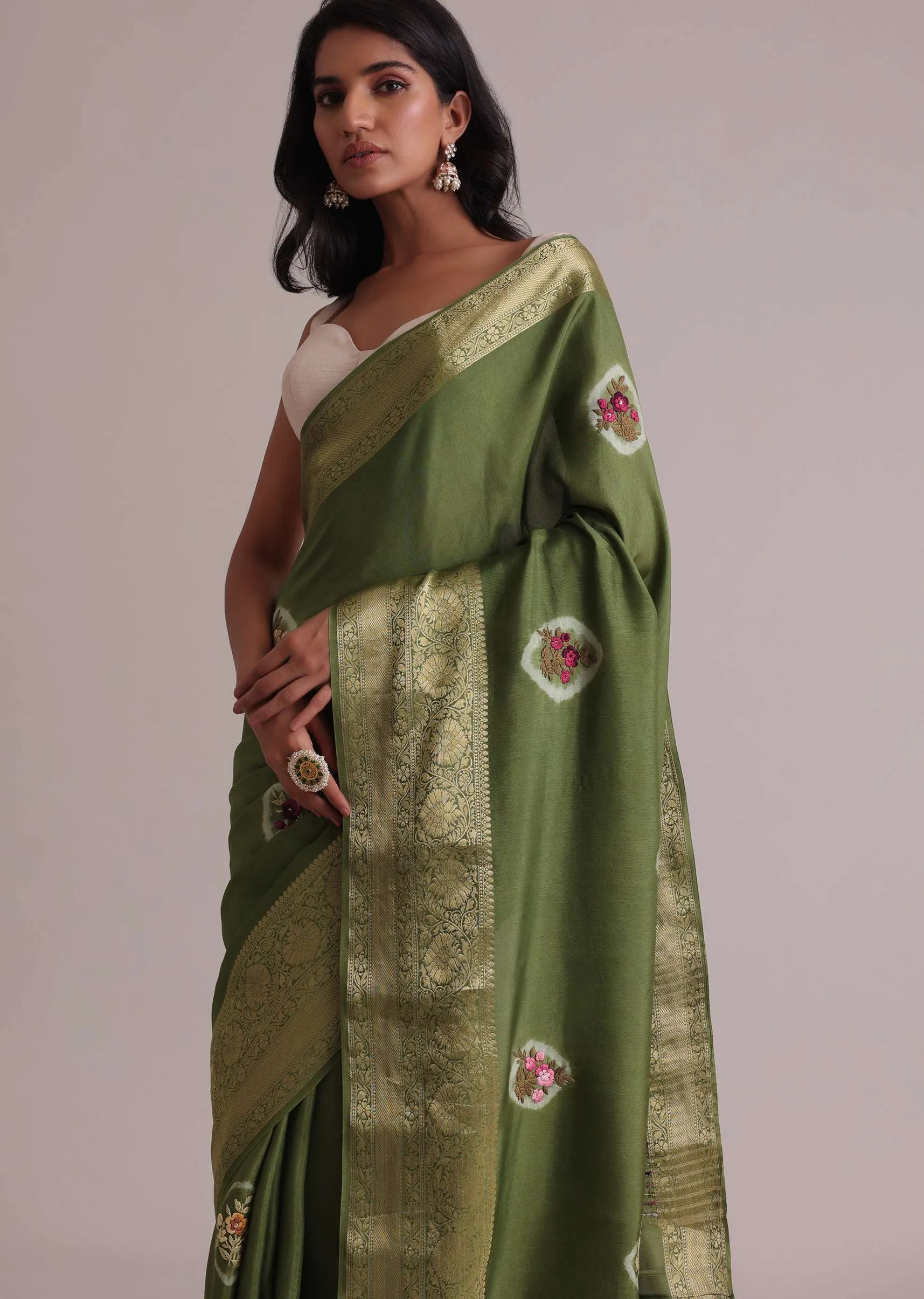 Light Green Resham 3D Bud Embroidered Saree With Brocade And Thread Work In Dola Crepe