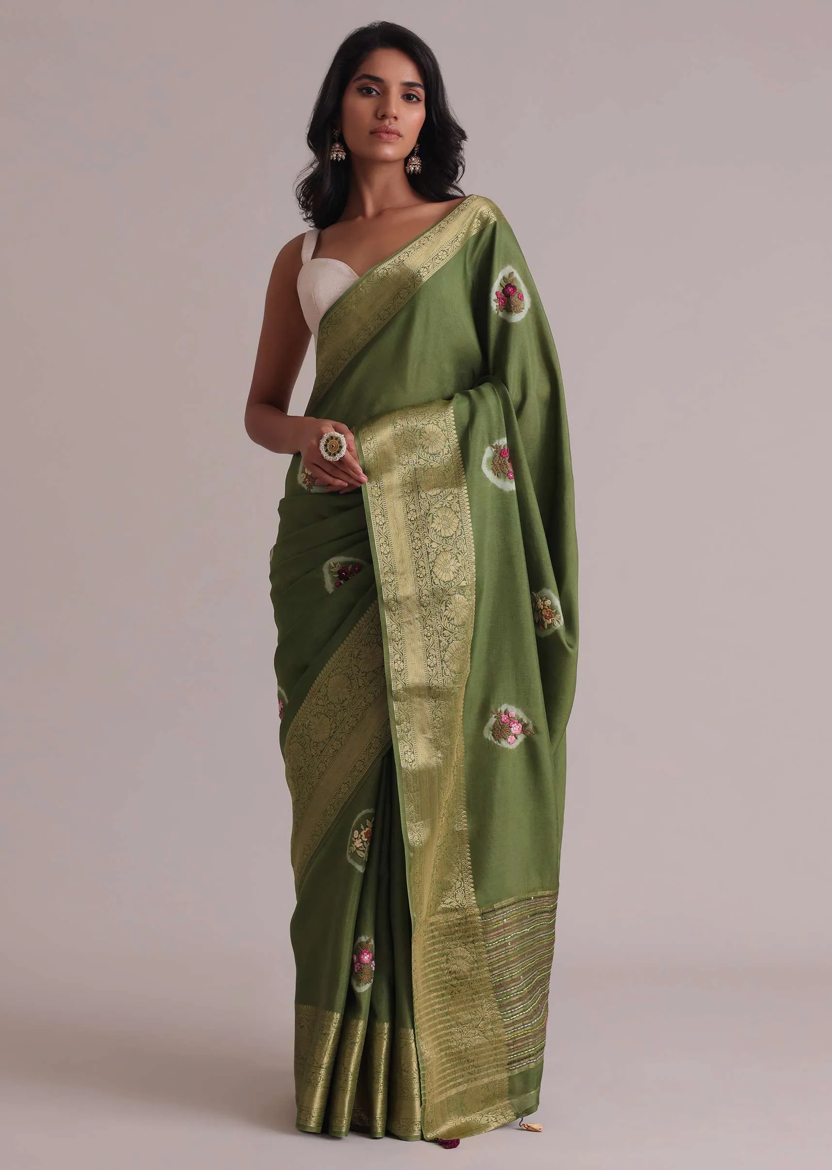 Light Green Resham 3D Bud Embroidered Saree With Brocade And Thread Work In Dola Crepe