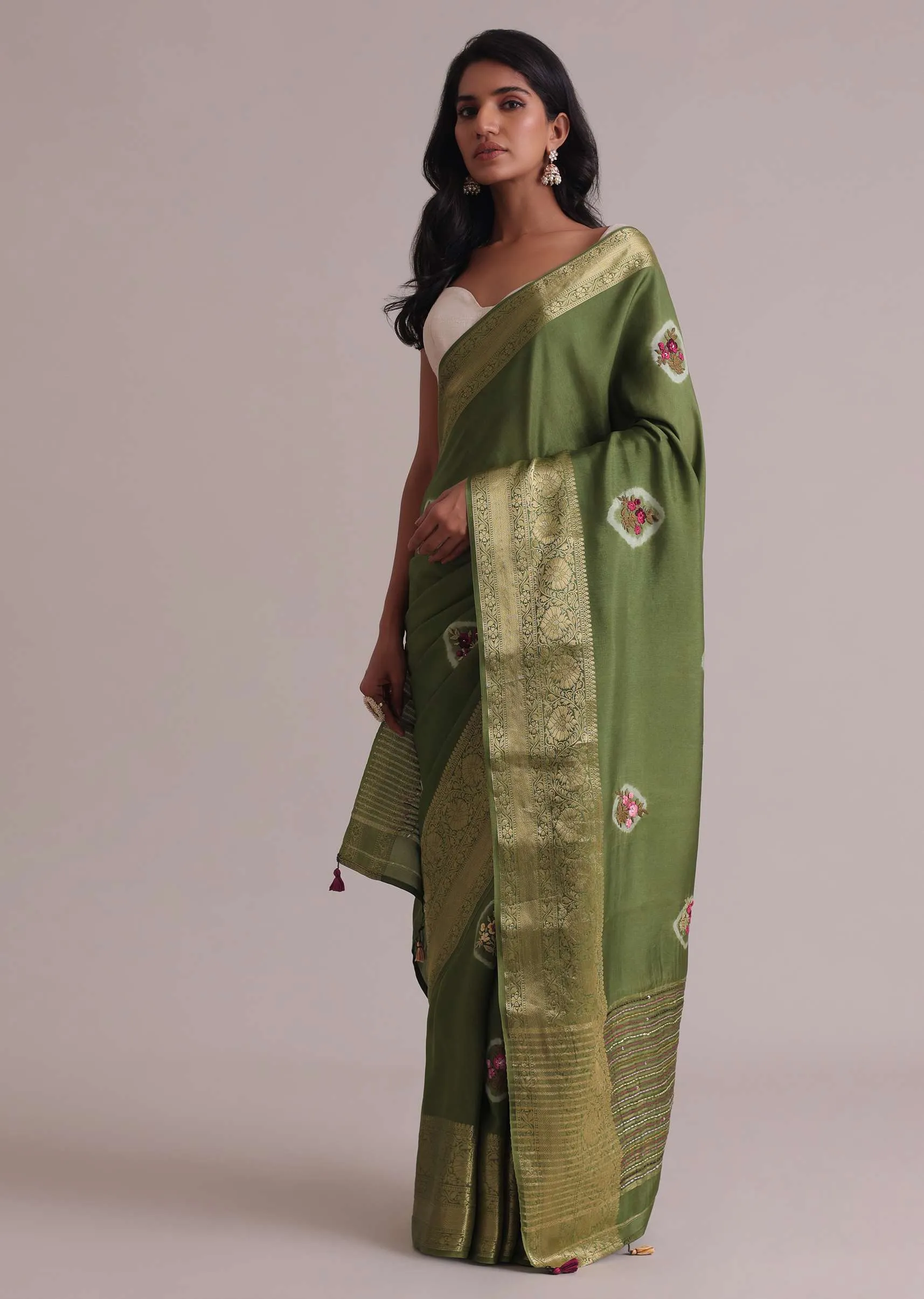 Light Green Resham 3D Bud Embroidered Saree With Brocade And Thread Work In Dola Crepe