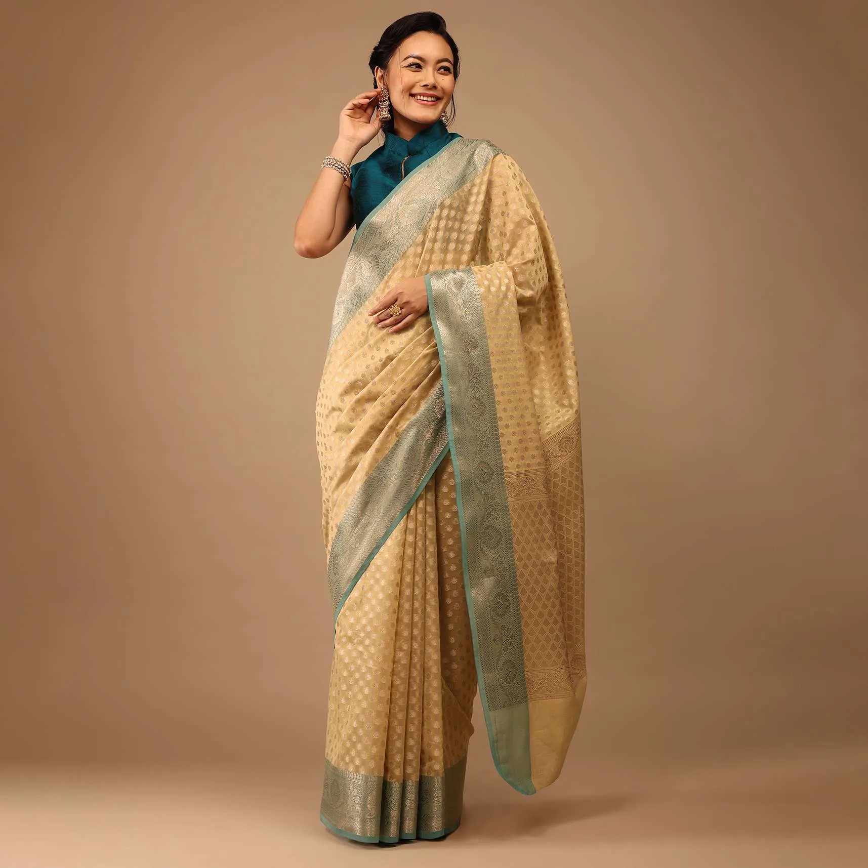 Light Yellow Saree In Banarsi Chanderi And Pure Handloom Cotton