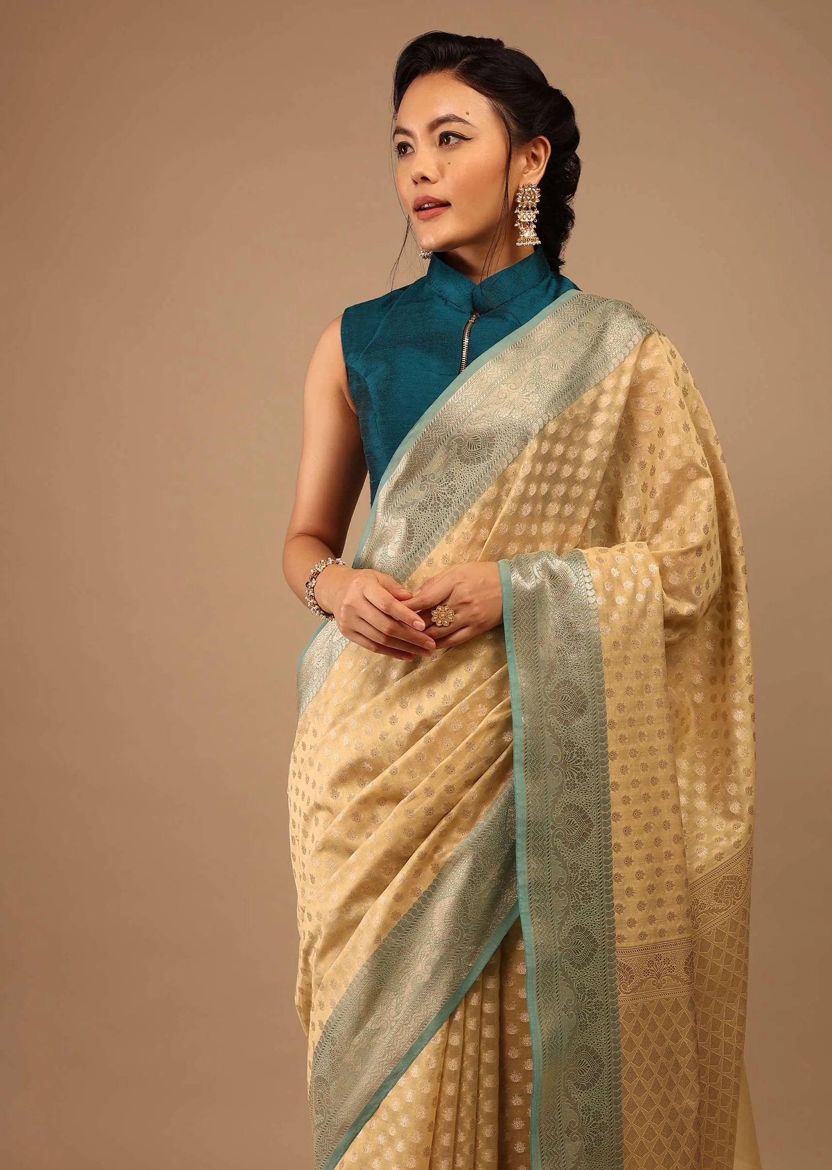 Light Yellow Saree In Banarsi Chanderi And Pure Handloom Cotton