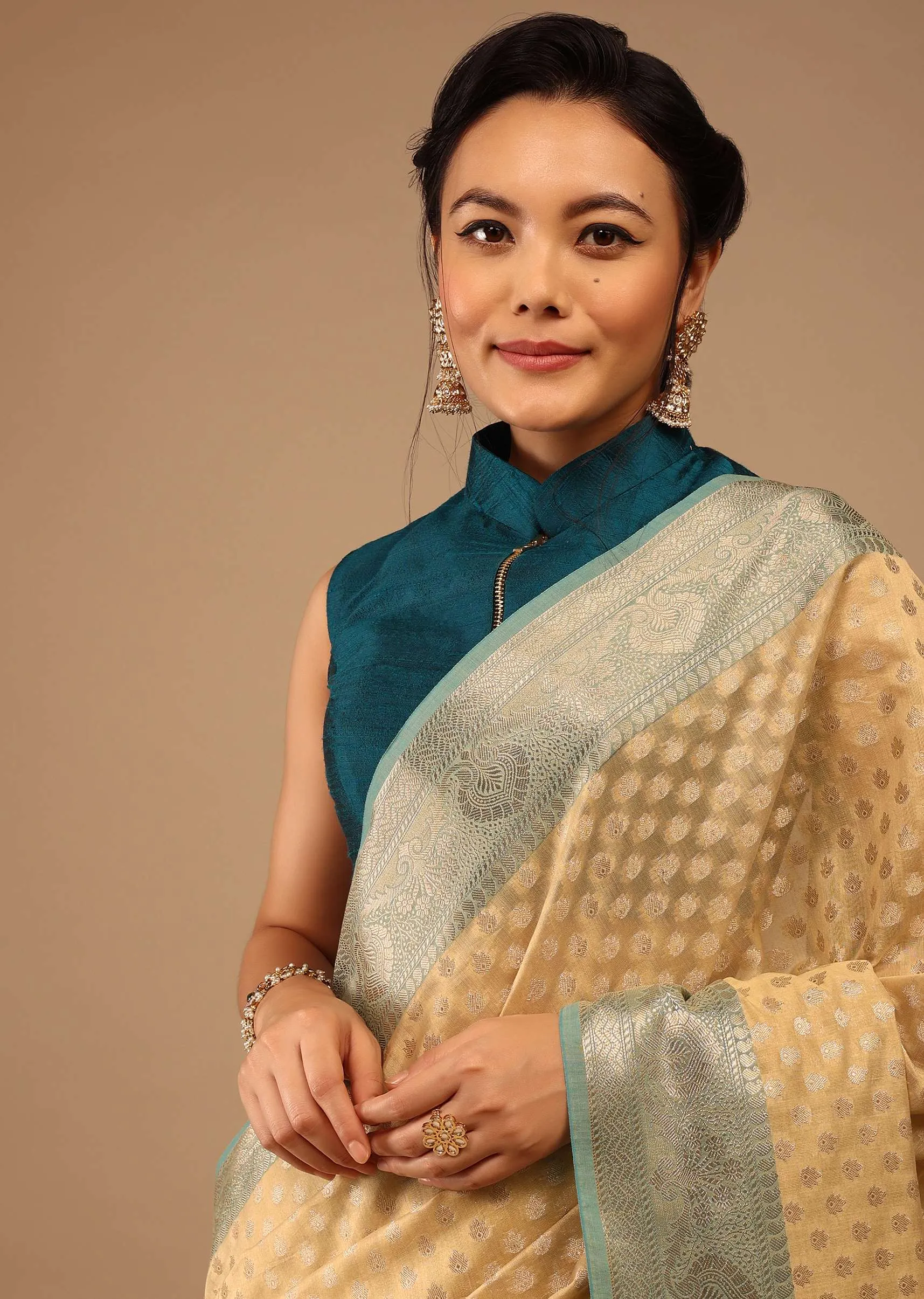 Light Yellow Saree In Banarsi Chanderi And Pure Handloom Cotton